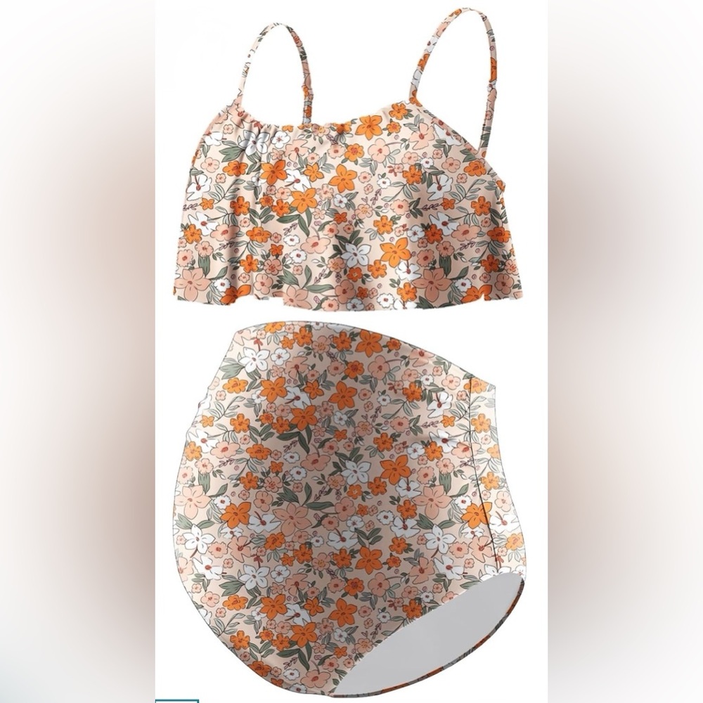 Maternity Bikini Set Two Piece Swimsuit Ruffle Women High Waist, Medium